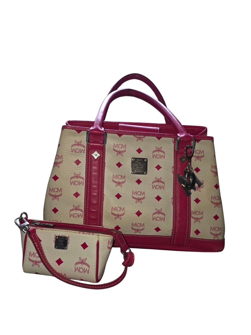 MCM Beige & Pink Visetos Tote w/ Matching Wristlet & MCM Charm & silver Hardware - Picture 9 of 16